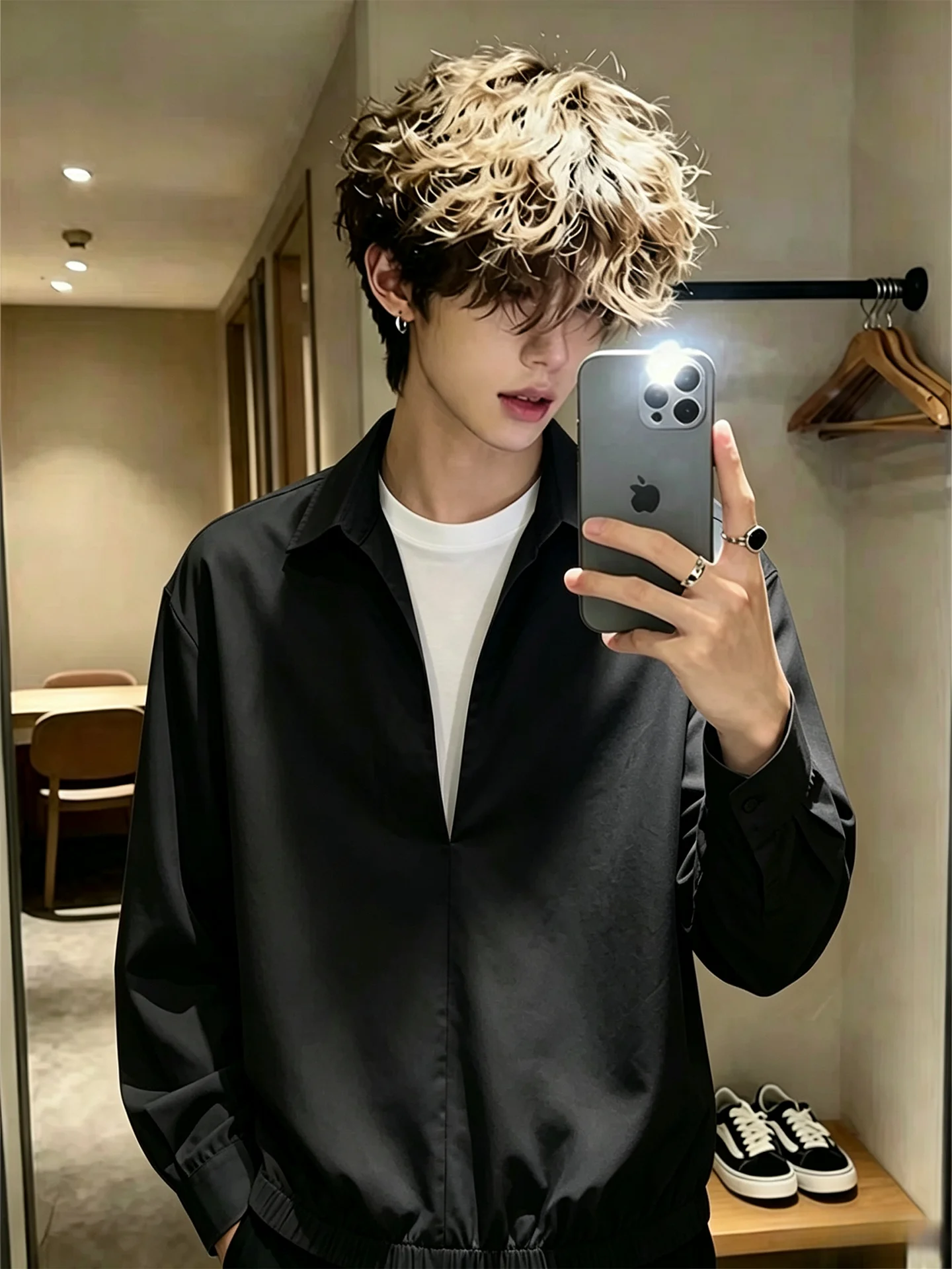 Black Long Sleeve V-Neck Pullover Shirt Men's Early Autumn Cleanfit Thin Shirt Jacket Loose Fit Casual Style Polyester Fiber