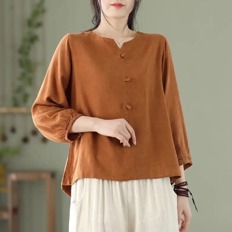 Chinese Style 2024 Summer Women\'s New V-neck Patchwork Button Fashion Solid Color Elegant Comfortable 3/4 Sleeve Blouses Shirts