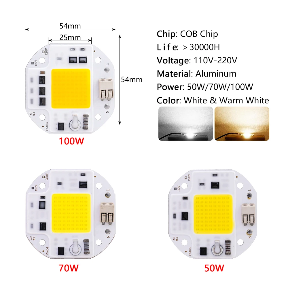 50W 70W 100W COB LED Chip ad alta potenza 220V 110V Smart IC non c' è bisogno di Driver LED Chip per faretto proiettore Lampada illuminazione fai da te