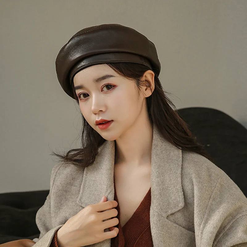 2023 Spring/Winter 100% Real Leather Beret Hat Women Fashion European Pumpkin Painter Caps Female Rainbow Color Brown/Orange