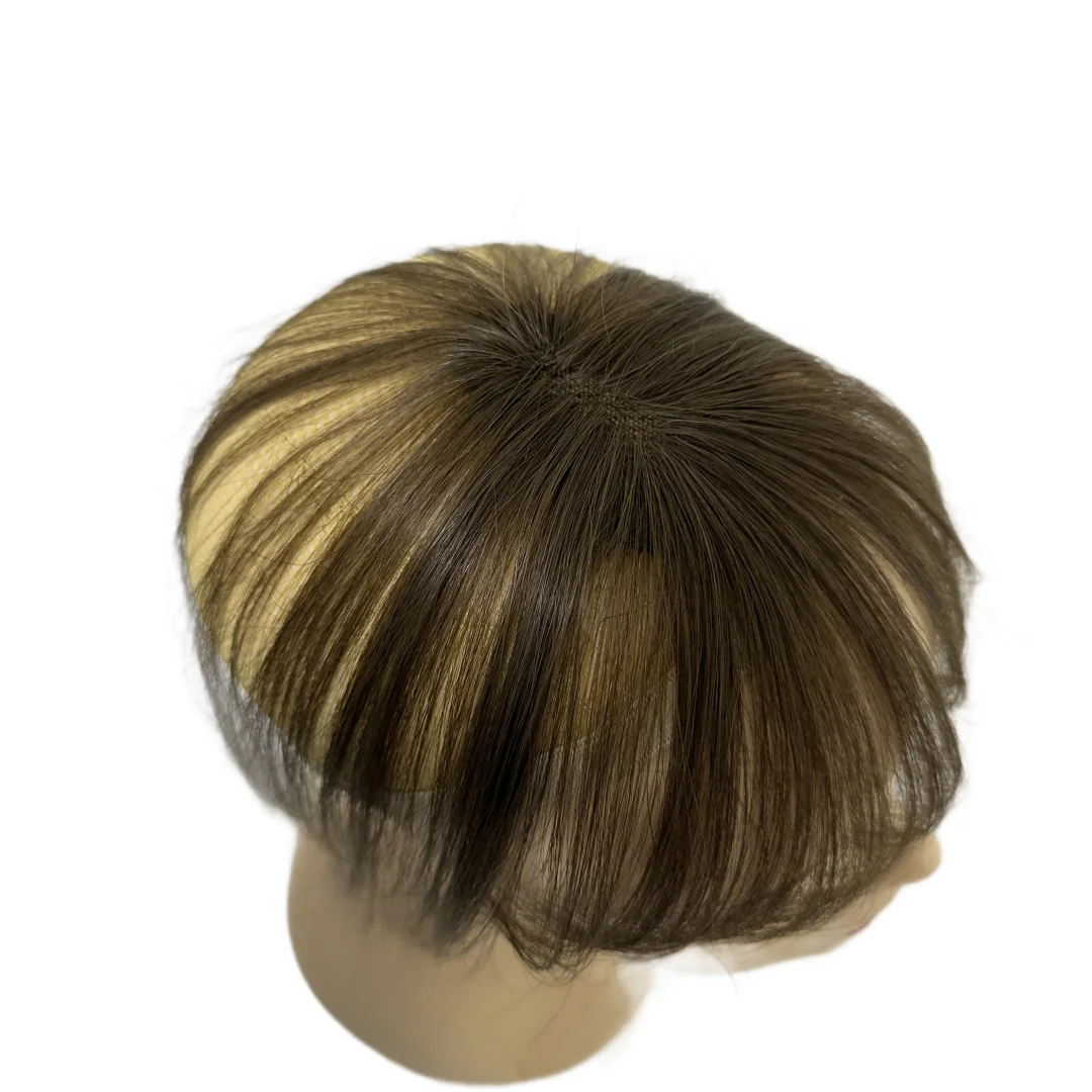 Poni Rambut Manusia Tak Terlihat untuk Wanita 4x6cm Basis Renda Swiss Warna Coklat Hairpiece Topper Jepit Ekstensi Rambut Manusia