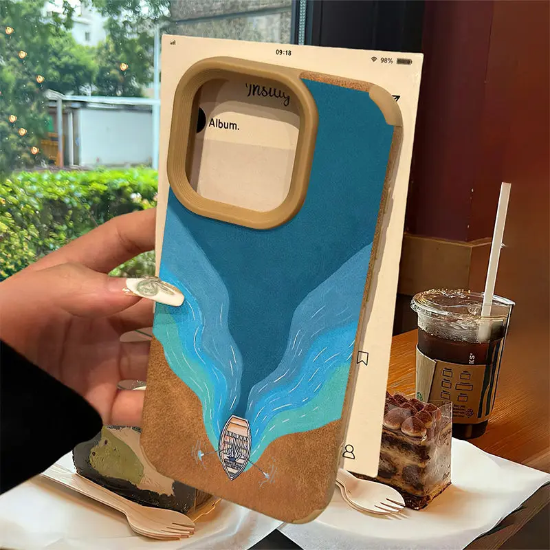 Creatieve Blauwe Oceaan Boot Geavanceerde Bruine Suede Zachte Telefoon Case Voor iPhone 11 12 13 14 15 16 Pro Max mode Cartoon Cover Y2k