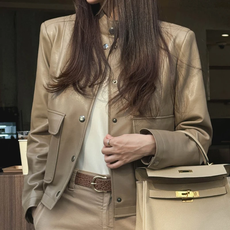 

Pu Leather Jacket Women Jacket Stand Collar Single Breasted Long Sleeve High Street Chic Retro Autumn Fashion Outerwear Coat