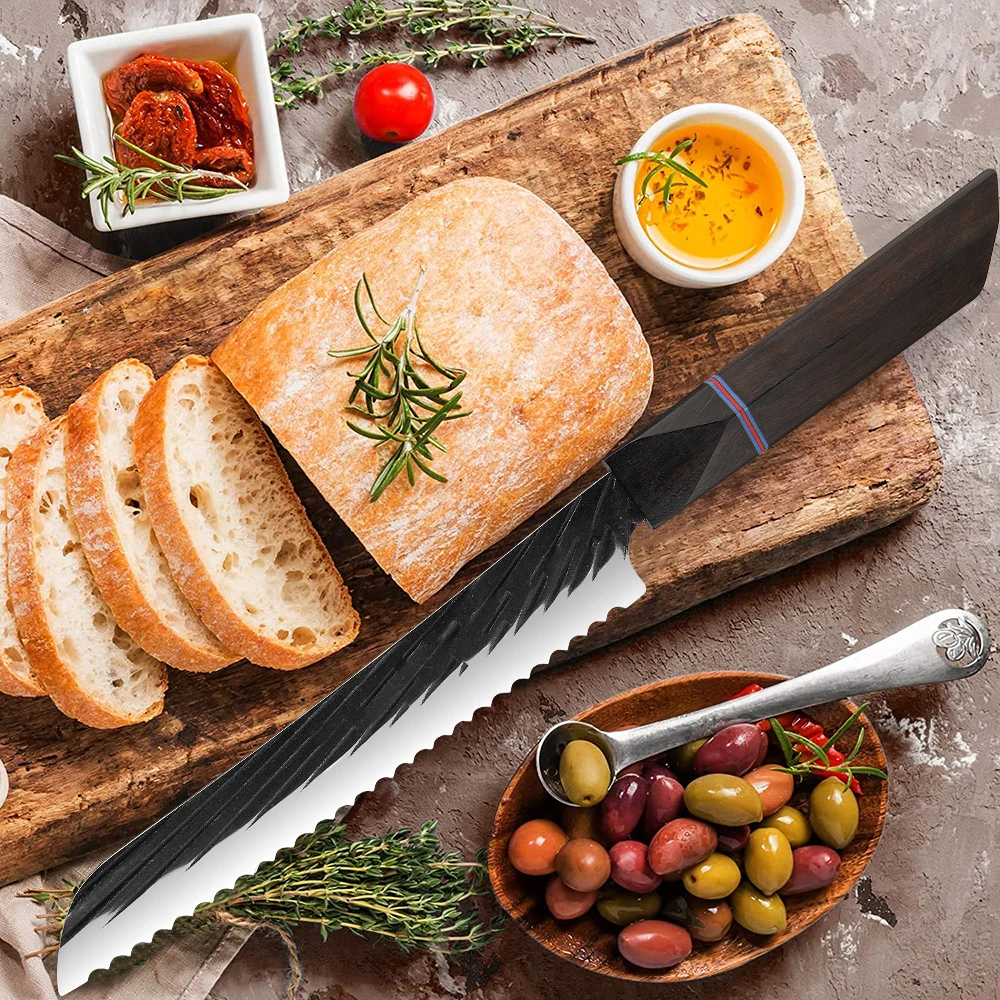 Cuchillo de pan forjado hecho a mano, rebanador de queso japonés de 8 pulgadas, cuchillo dentado para pastel, acero inoxidable de alto carbono, mango de ébano