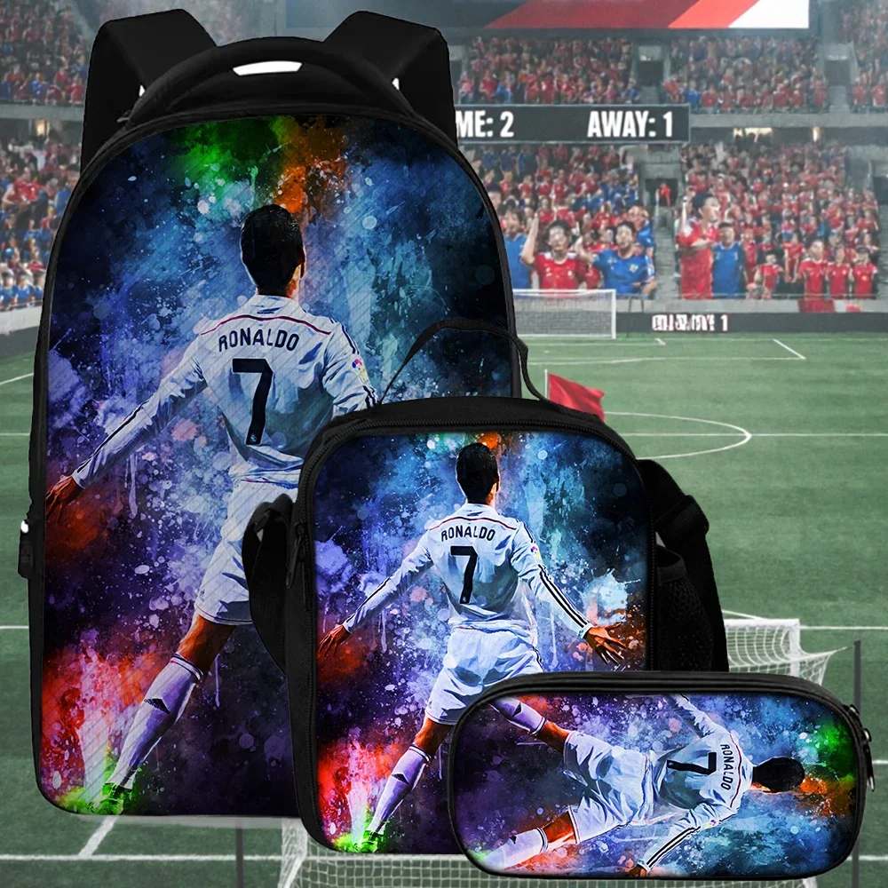 Football Player CR7 3PCS/Set Backpacks 3D Cartoon Students SchoolBAG PENCILCASE for Children for Boy Girls Daypack Mochila