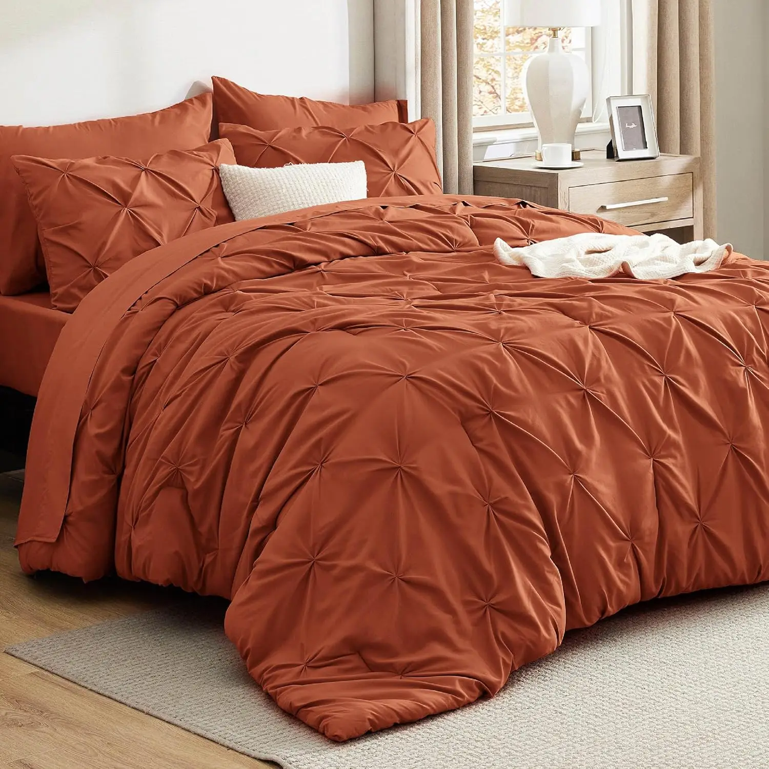 

Queen Size Comforter Set in Burnt Orange - 7-Piece Bedding with Sheets, Pillowcases & Shams, GentleSoft Pintuck Design