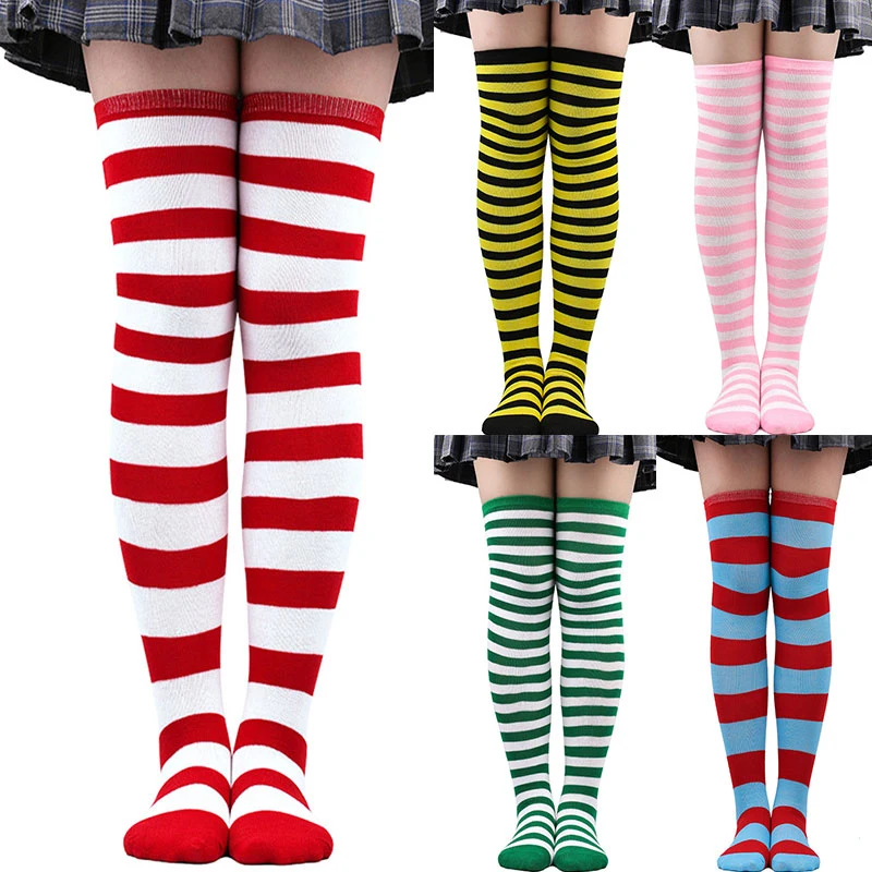 

Christmas Cosplay Women Over Knee Long Stripe Printed Thigh High Cotton Socks Sweet Cute Plus Size Overknee Socks Stocking