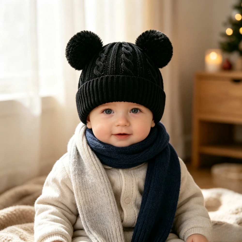 1-piece elastic knitted double ball unisex - lightweight and warm brimless hat suitable for winter, Christmas, and daily wear