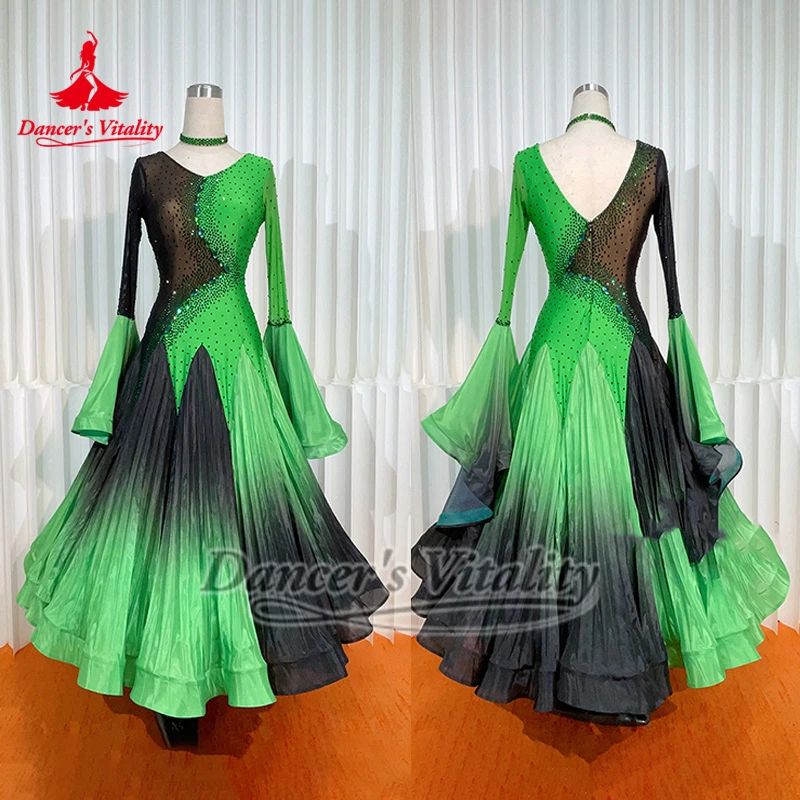 Social Dance Pearl Silk High Quality Fabric Pleated Dress Customized Black-green Gradient Color Foxtrot Waltz Contest Clothing