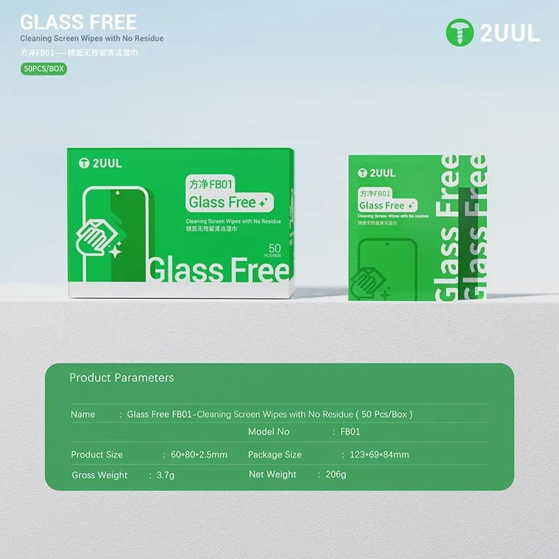 2UUL 50Pcs/Box FB01 Glass Free Cleaning Screen Wipes with No Residue Solo Seal AquaLock Screen Dust Removal Cleaning Wiper