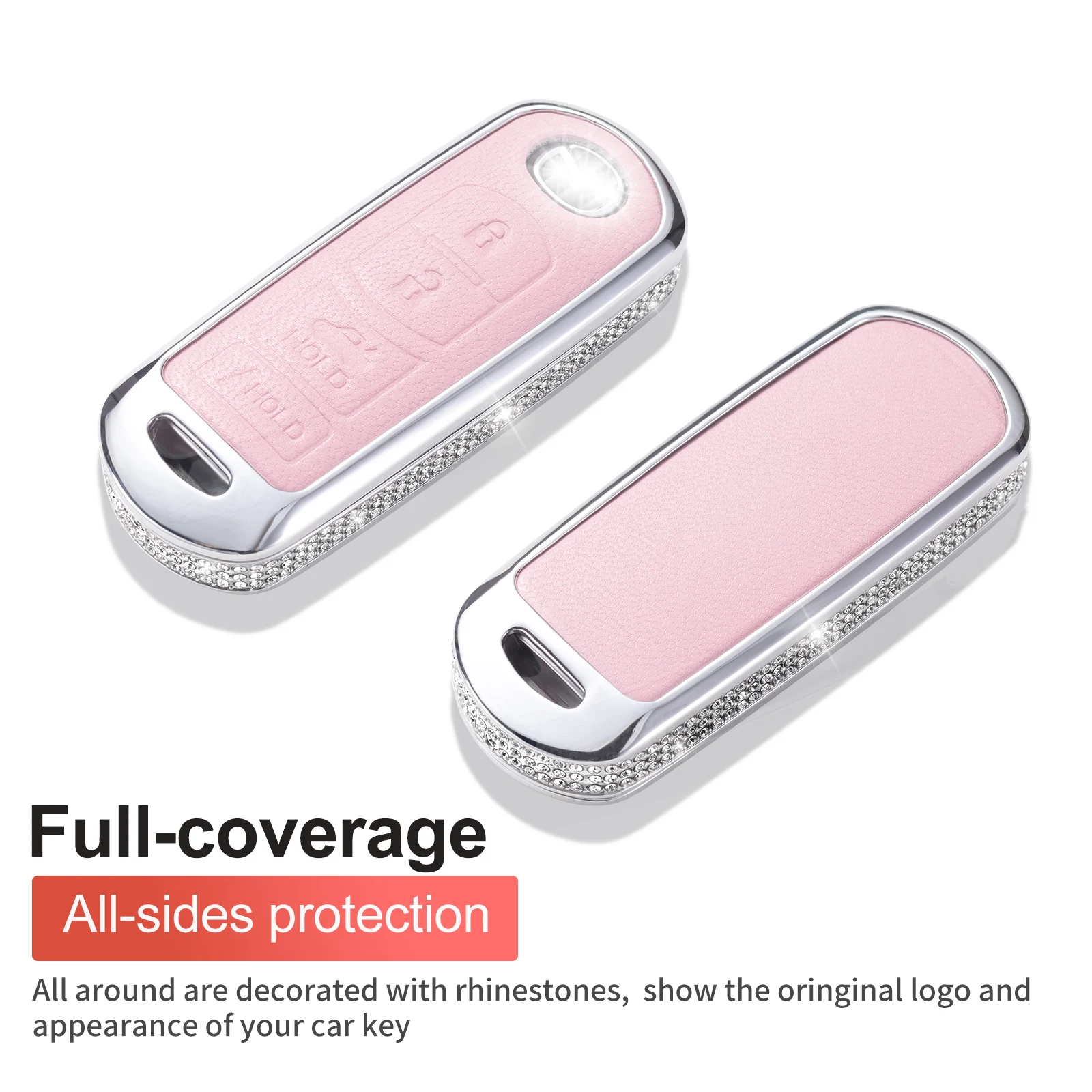 Key Fob Cover Compatible with Mazda, Pink Leather Crystal 360 Degree Protection Key Shell Case for Mazda 3 6 8 Miata MX-5 CX-3 C