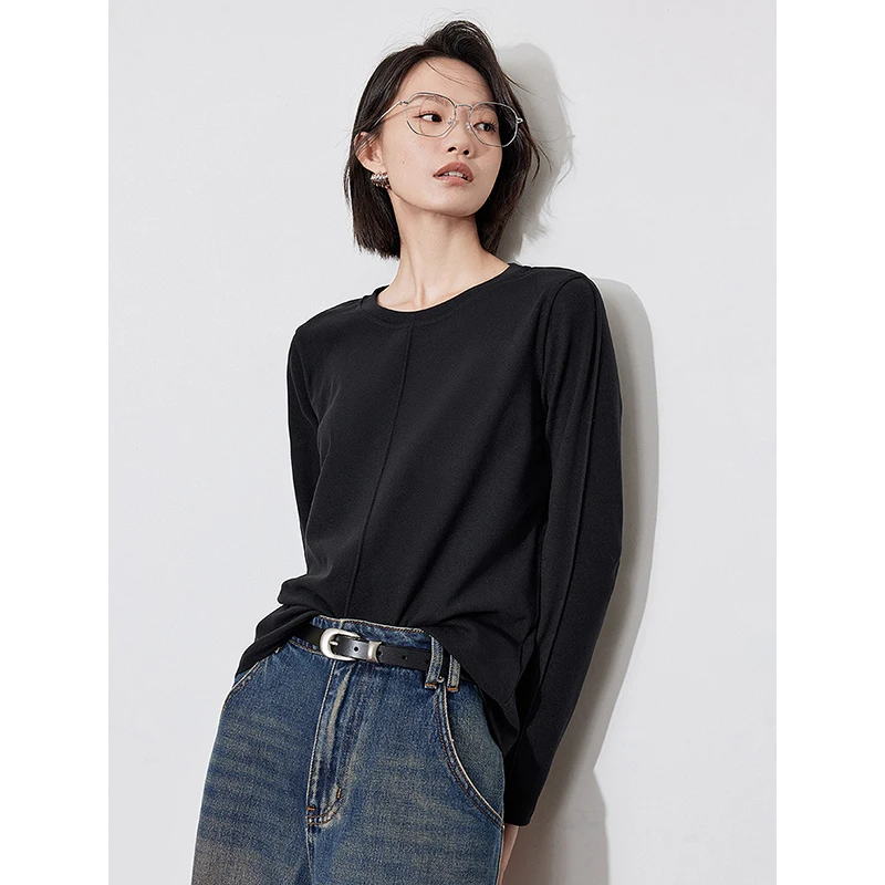 TOYOUTH Women Long Sleeve T-shirt 2024 Autumn Winter Lin Stitching Simple Comfortable Base Shirt Tops