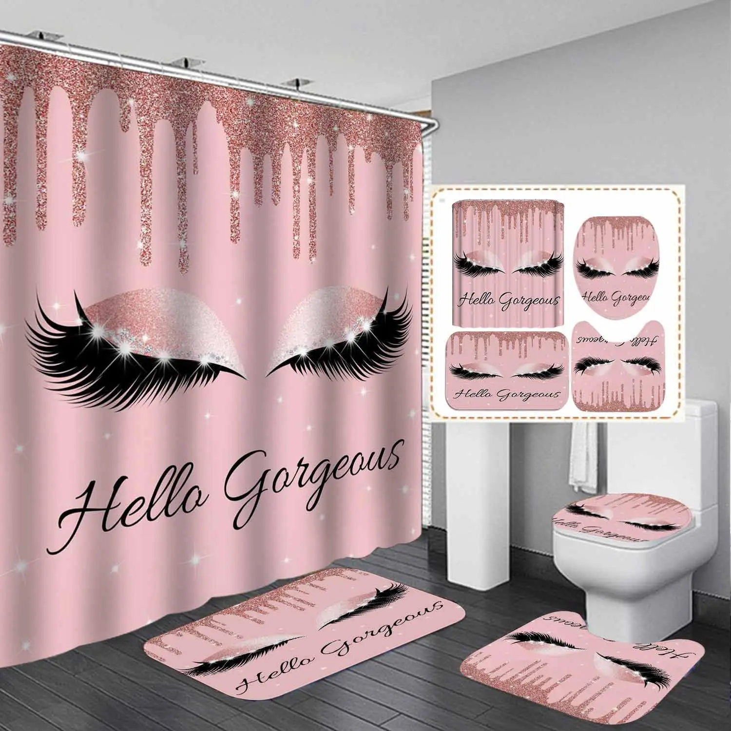 

4PCS Hello Gorgeous Shower Curtain Set with Rugs,Rose Gold Glitter Bling Glam Makeup Diamond Unicorn Eyelash Bathroom Decor