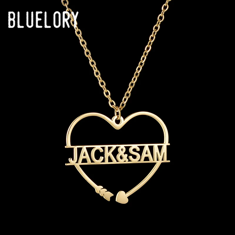 Bluelory Fashion Customized Name Necklaces For Women Girls Stainless Steel Custom Nameplate Necklace With Heart Jewelry Gift