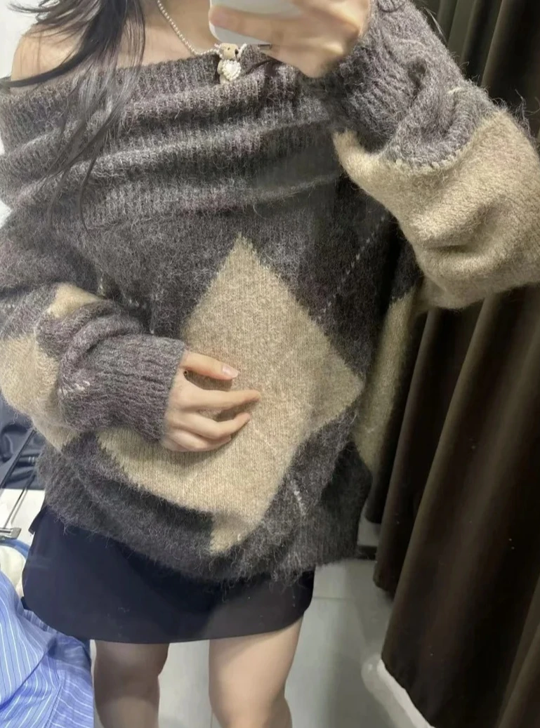 

Autumn Winter New Women Diamond Print Sexy Cut Out Off Shoulder Ribbed Knit Sweater Long Sleeve Slim Fit Tops