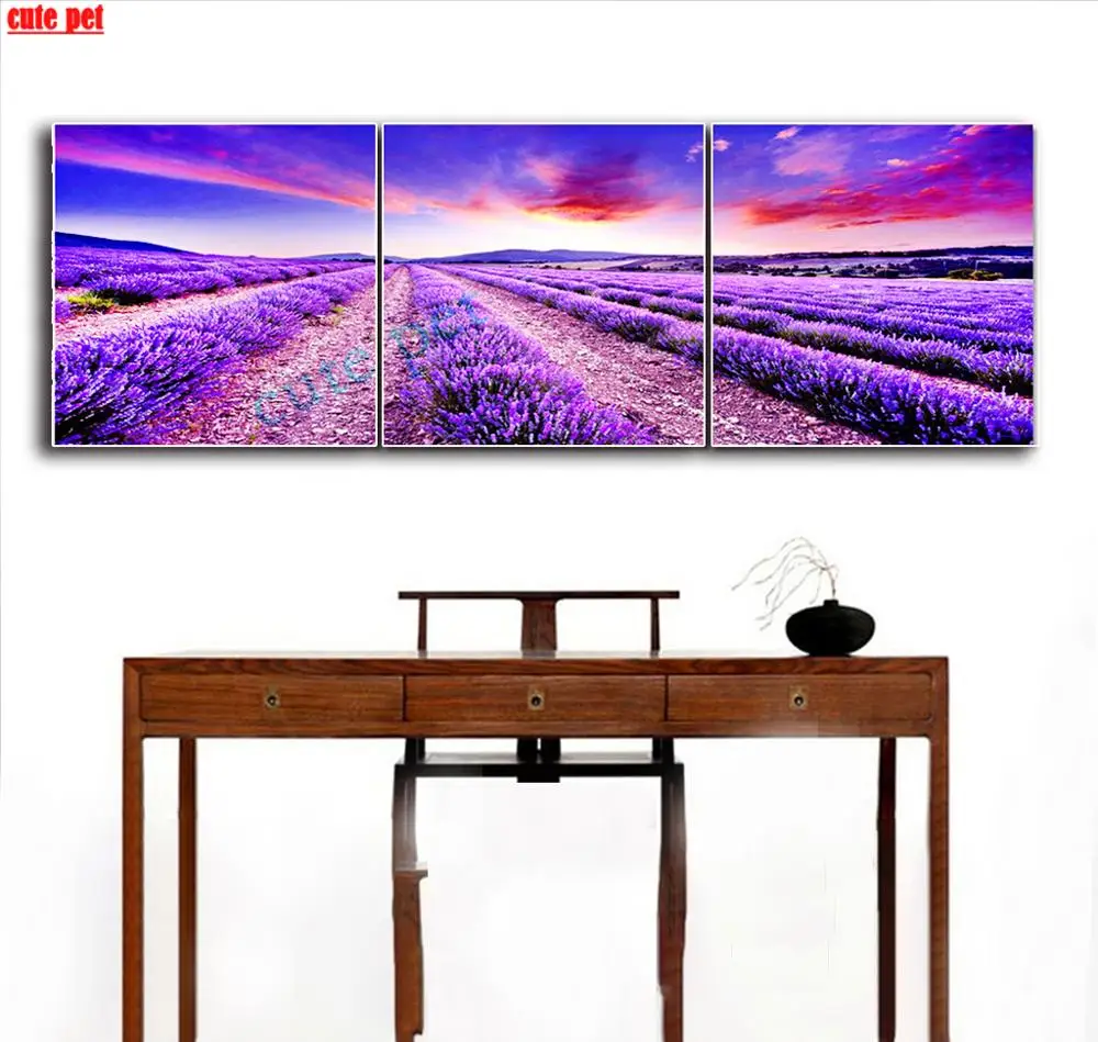 DIY Diamond Painting Lavender flowers Full square Drill Sunset flower sea Embroidery Cross Stitch Mosaic rhinestone puzzle 3PCS