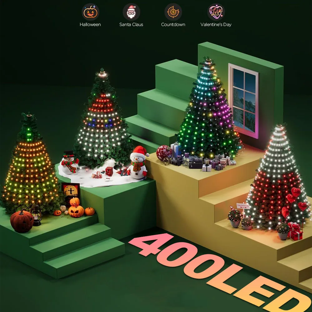 Lampu Pohon Natal Pintar 400LED 1.8M, Kontrol Aplikasi Sinkronisasi Musik Pola DIY Timer Teks untuk Dekorasi Liburan Halloween Natal