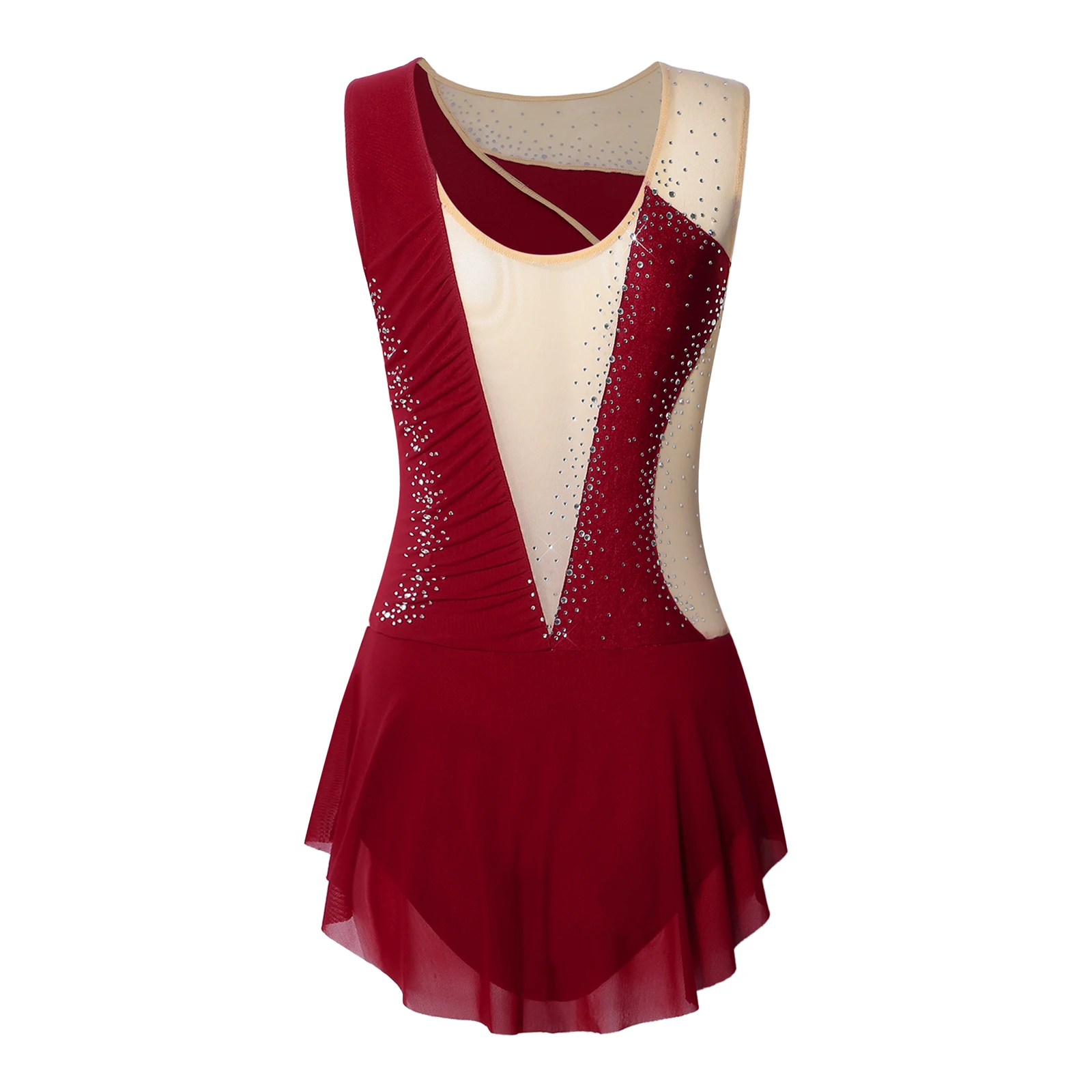Damen-Rhythmische-Gymnastik-Trikots, Eiskunstlauf-, Ballett- und Lyrischer-Tanz-Kostüm, Kleid mit Strasssteinen, Raffungen, Netzstoff-Patchwork und Seitenschlitz – Detail 17