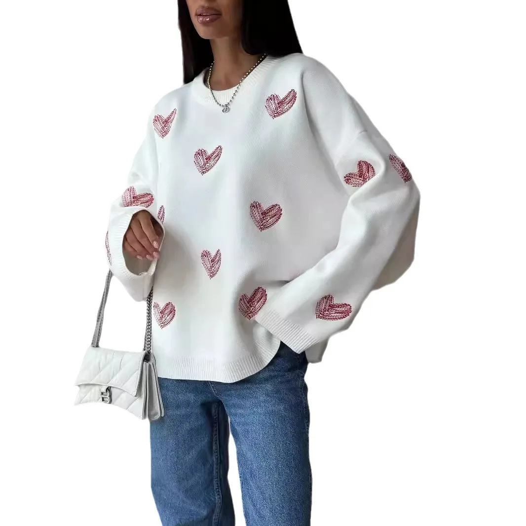 XXOWENLI Sweet Heart Sweater Fashion Cute Retro Loose Knitted Pullover Sweater Loose Simple Base Layer Sweater Autumn Winter 5