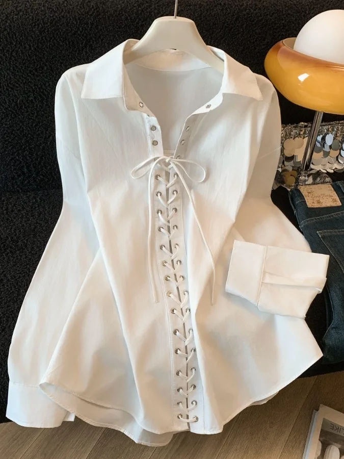 

Ele White irt Women's Spring 2026 New Design Belted Slimming Top French Sle Cotton Long Sve Regular Fit