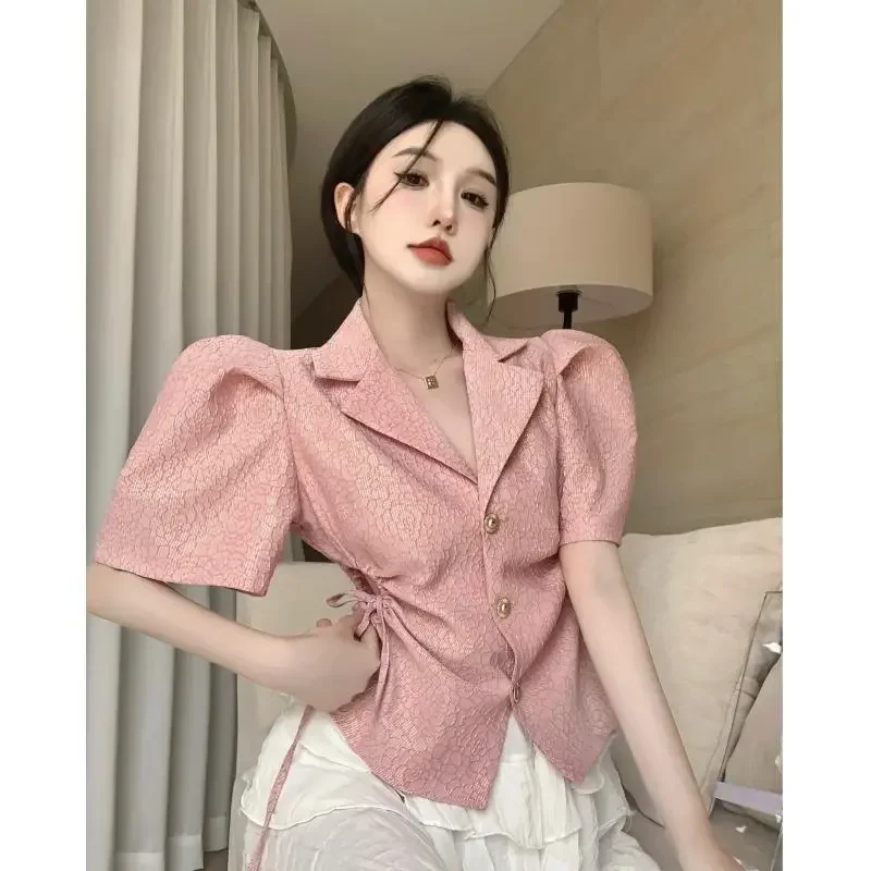 퍼프 슬리브 수트 라펠 홀로우 드로스트링 다용도 스타일리시 여성 셔츠 탑