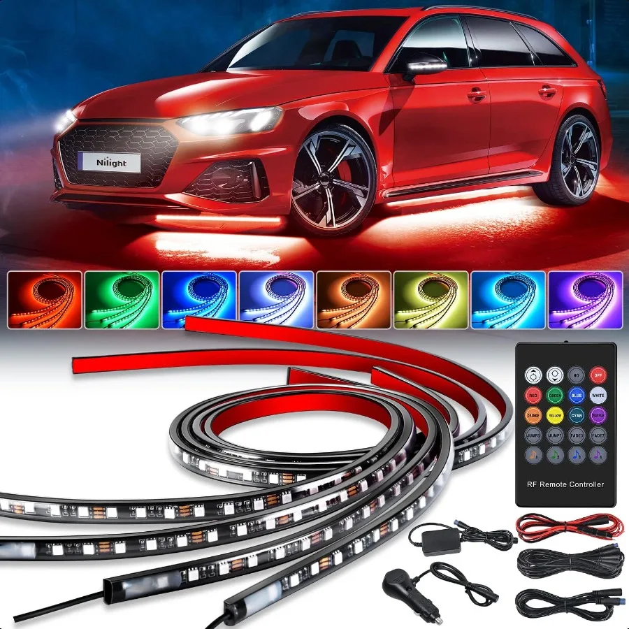 

4Pcs Car Underglow Neon Accent Strip Lights 252 LEDs RGB 8 Color Sound Active Function Music Mode with Wirel Remote Control Und