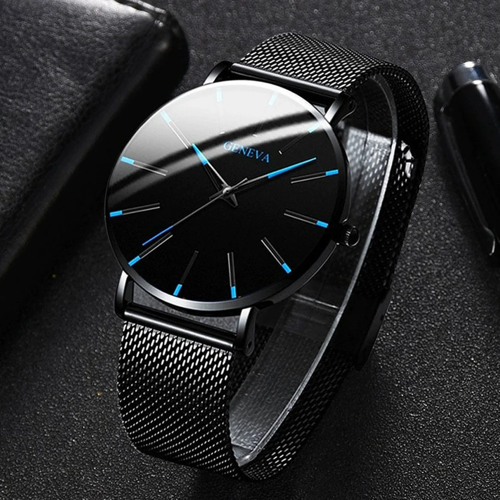 1PCS Geneva Men's Watch Fashion Blue Needle Quartz Watch Simple Business Mesh Belt Watch