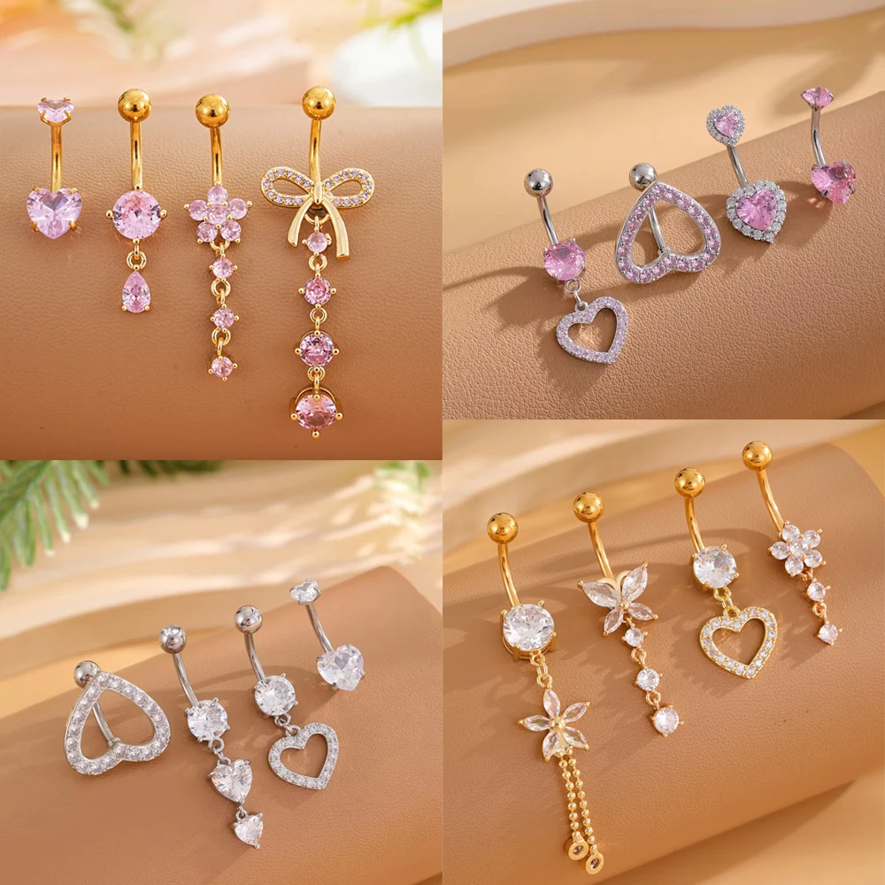 4pcs/lot Belly Button Ring Sets 14G Heart Flower Butterfly Curved Navel Piercing Nombril Jewelry for Women 1.6*10mm Belly Rings