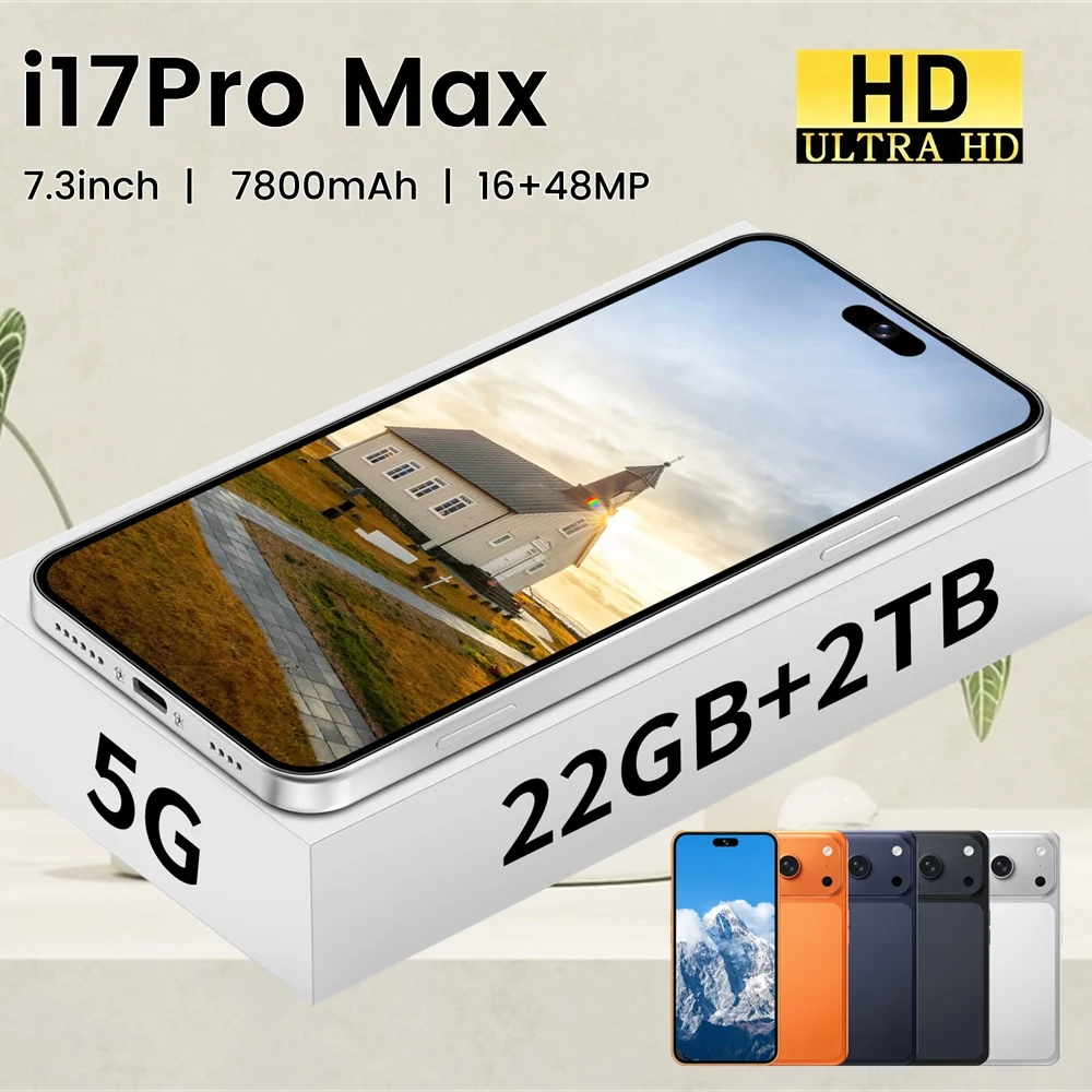 Smartphones intelligents Ai 17 Pro Max, Android 5G, 7.3HD, 22G+2TB, double SIM, 7800mAh, téléphone portable débloqué, 16+48MP, version mondiale