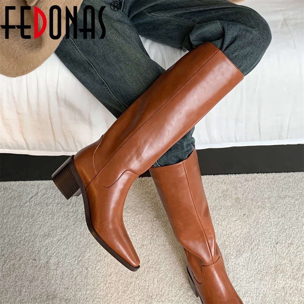 FEDONAS Women Genuine Leather Knee High Boots Round Toe Thick Mid Heels Platform Long Boot Ladies Fashion Shoes Autumn Winter