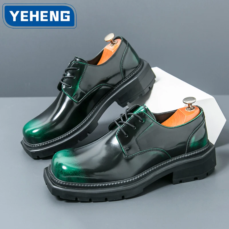 Brand Man Shoes Formal Green Glossy Leather Shoes for Men Lace Up Oxfords for Male Wedding Party Office Business Casual Shoe Men