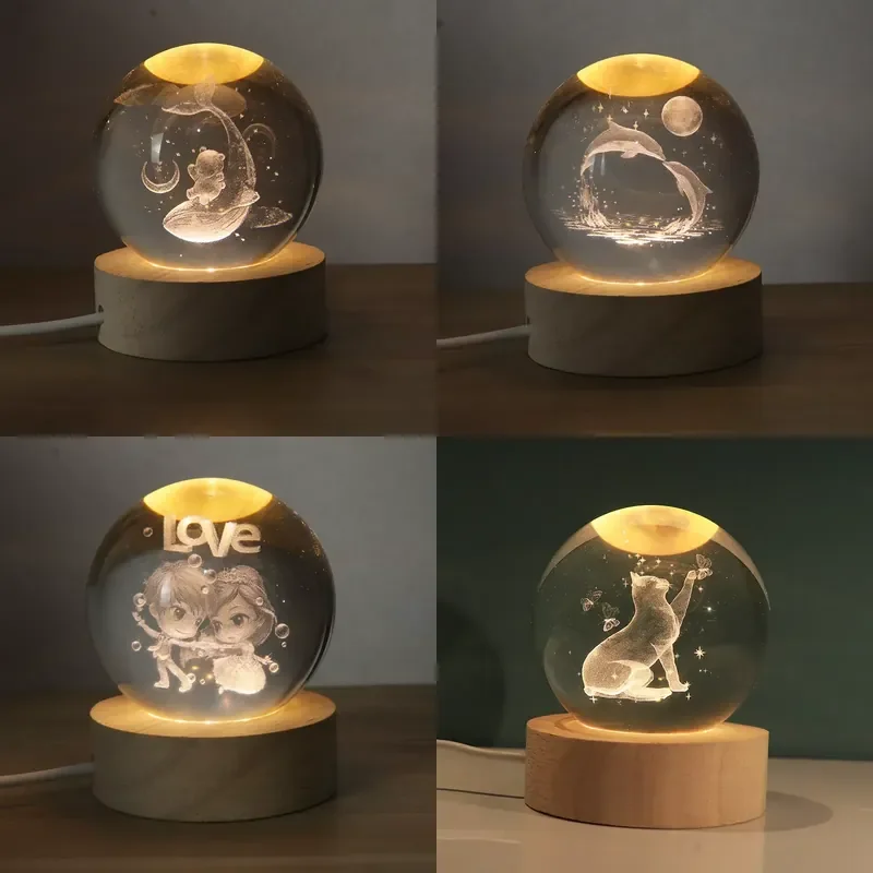 Wholesale Cartoon Crystal Ball Luminous 3D Engraving Night Light Desktop Ornament Creative Gift Souvenir Crystal Decoration