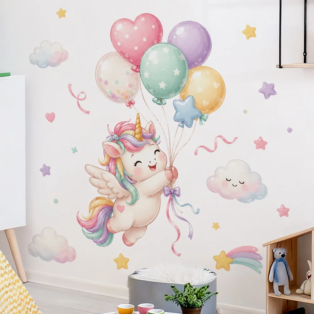 Cute Unicorn Balloon Wall Sticker Colorful Cloud Star Wall Decal Removable Vinyl Wall Art for Girls Nursery Bedroom Home Decor