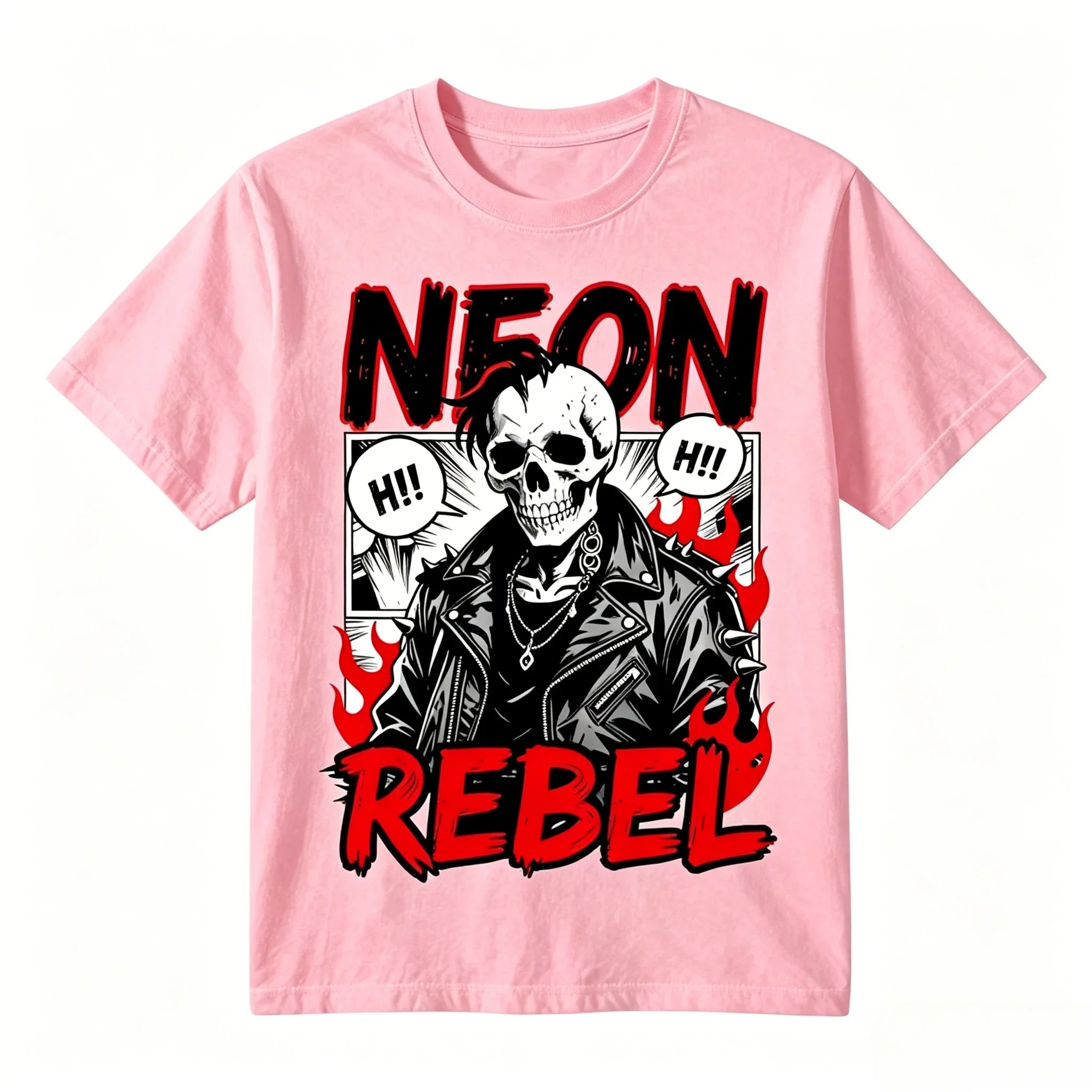 Men's Kids Neon Rebel Punk Skull Design Cotton T-shirt Oversize Casual Short Sleeve with Spiked Leather Jacket Fire Comic Print