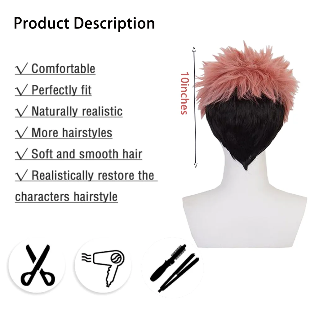 عالية الجودة أنيمي Jujutsu Kaisen Yuji Itadori شعر مستعار صناعي كوسبلاي أسود وردي متدرج شعر قصير منفوش مقاوم للحرارة #2