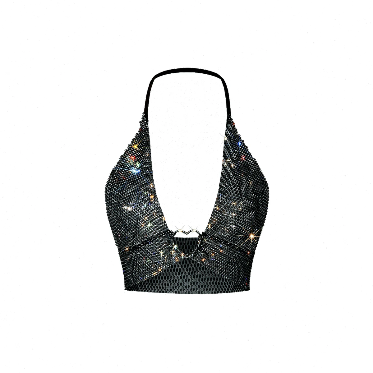 

Women Sexy Sheer Hollow Backless Deep V Neck Camisole Sparkly Diamonds Heart Metal Design Tank Top Rave Festival Party Crop Top