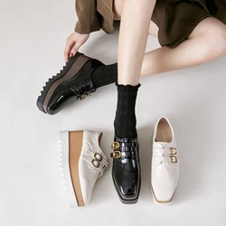 8cm Heeled Platform Wedges Shoes Womens High Heels Casual Lazy Shoes Square Buckle Wedge Creepers Pumps Damen Black