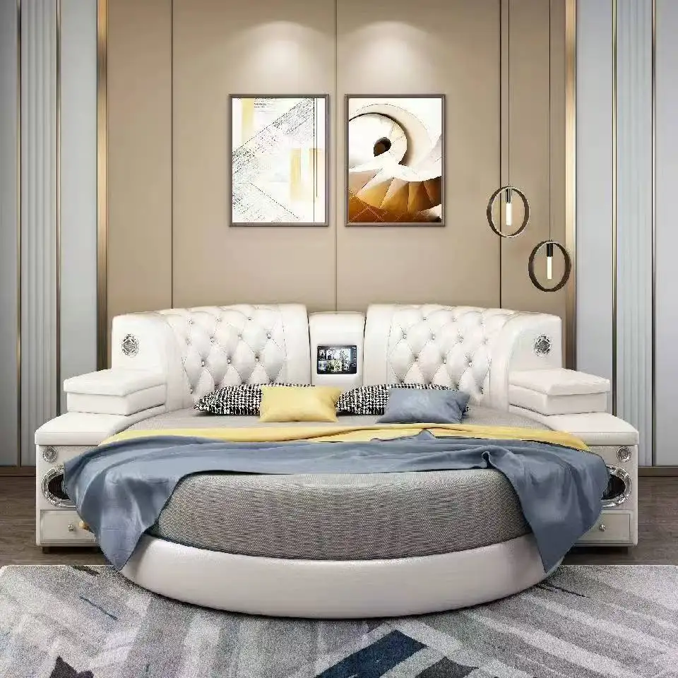 

&*Light Luxury Hotel Furniture Cheap Price Modern Wooden Frame Multi-functional Bed Round Leather Bed With Audio and Screen
