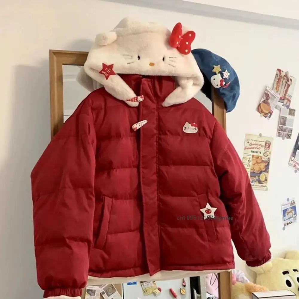 Hello Kitty Female Plus Velvet Thicken Reversible Cotton Jacket Winter Sanrio Pochacco Student Plush Hooded Warm Cotton Clothes