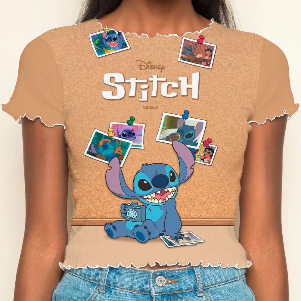 T-shirts Stitch Short Sleeve Lettuce Trim Disney T-shirt Crop Tops Sexys Summer Clothes Women 2024 Woman Clothing Y2k Top Disney