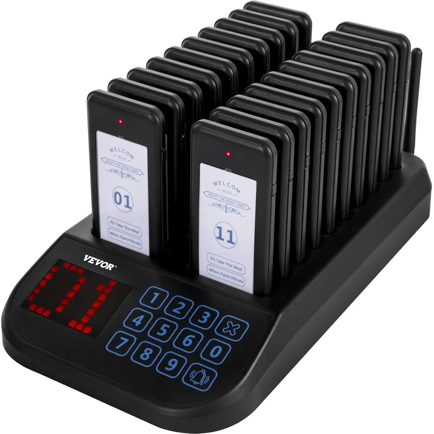 

F103 Restaurant Pager System 20 Pagers, Max 98 Beepers Wireless Calling System, Touch Keyboard with Vibration, Flashing