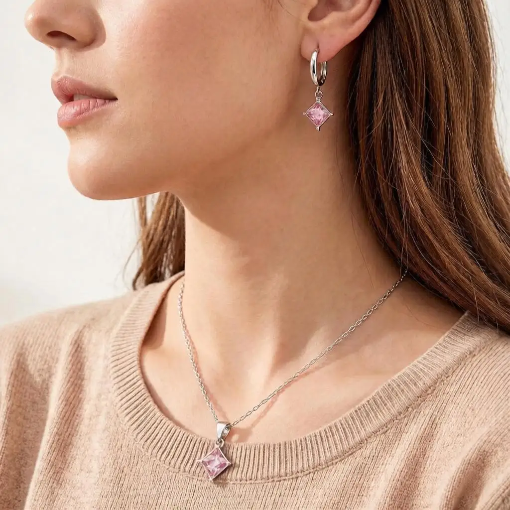 Classic 925 Sterling Silver 4 Claws Square Crystal Zircon Necklace Earrings Jewelry Sets for Women Girls Anniversary Party Gifts