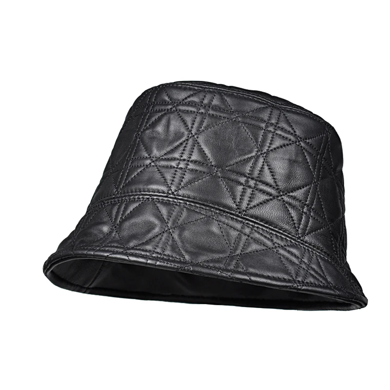 Chic Leather Fisherman Hat For Women Men Real Skin Checkered Embroidery Neutral Basin Caps Korean Plaid Winter Casquette Street