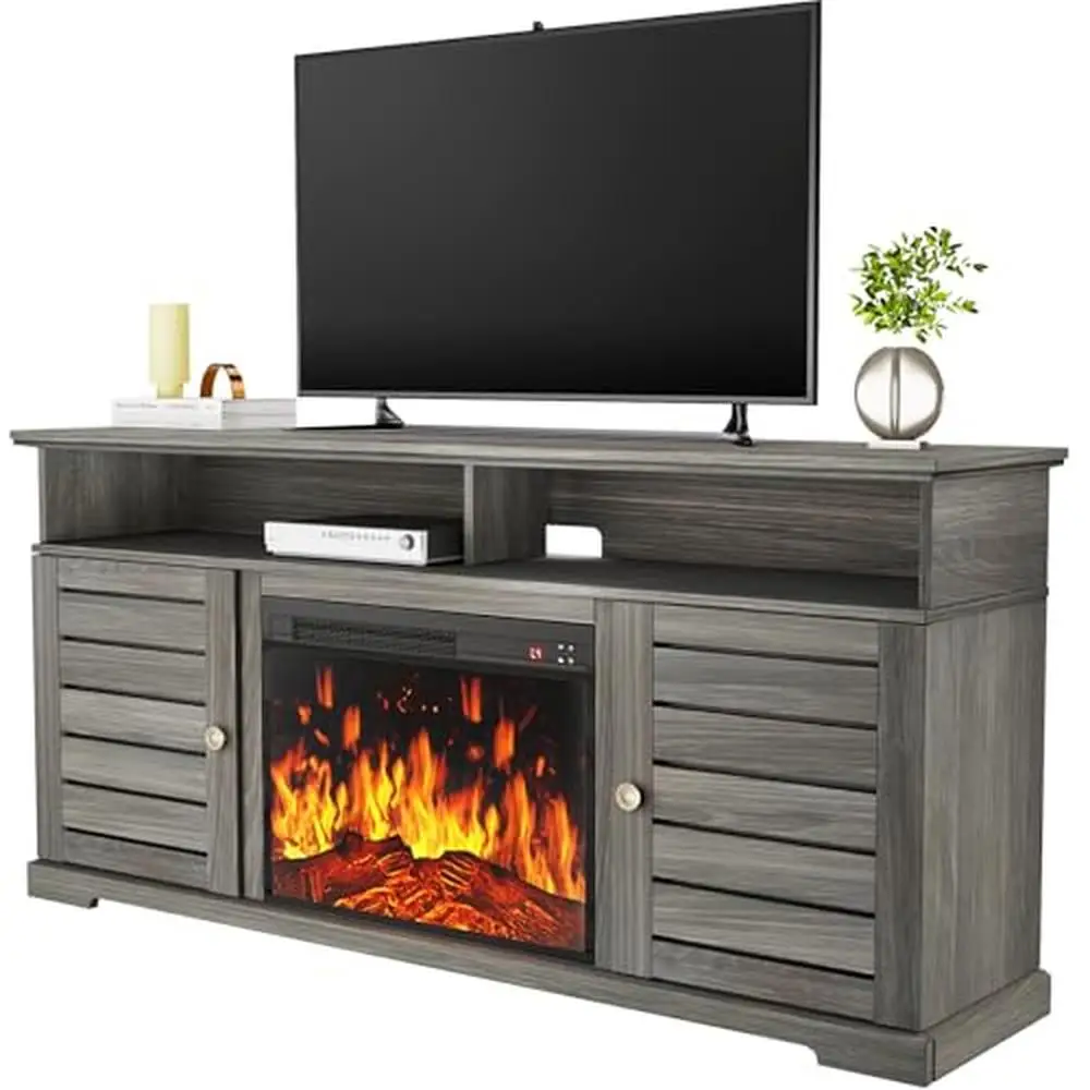 

Farmhouse Entertainment Center Electric Fireplace TV Stand 70" TVs Sturdy Construction Remote Control Grey Decor Adjustable