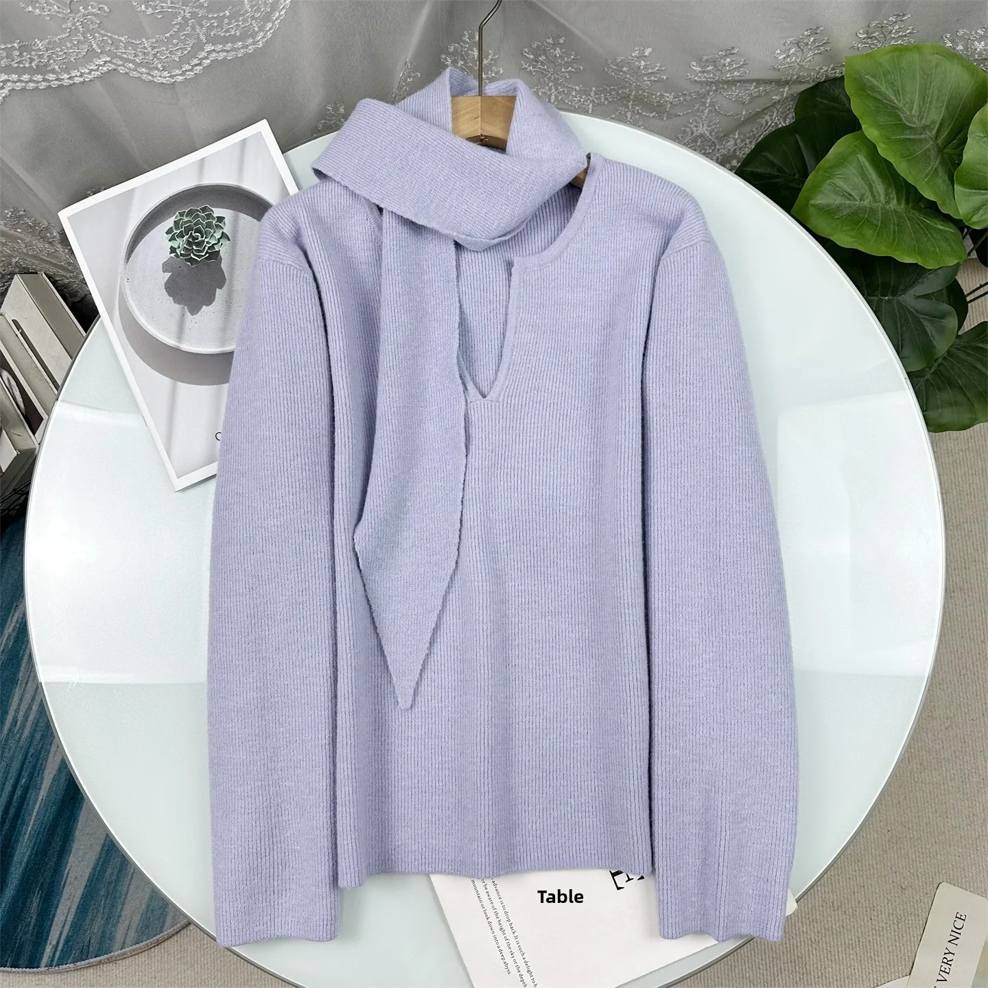 

Элегантный комфортный вязаный свитер из смесовой пряжи с шарфом, с длинными рукавами, в стиле оверсайз, женская мода, простой дизайн, весенний сезон