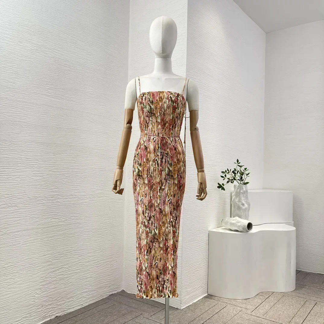 

Женское платье-миди без рукавов, плиссированное платье на бретелях-спагетти с цветочным принтом, лето 2024