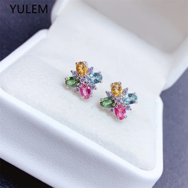 

YULEM Natural Brazilian Tourmaline Colorful Earrings Genuine Sterling Silver Exquisite Glamour Wedding Jewelry for Women