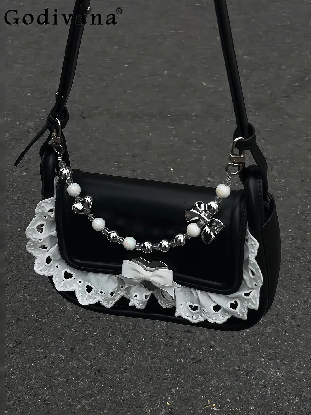 Kawaii Black Sweet Love Girl Bag New Shoulder Crossbody Bag Beaded Handbag Underarm Bag