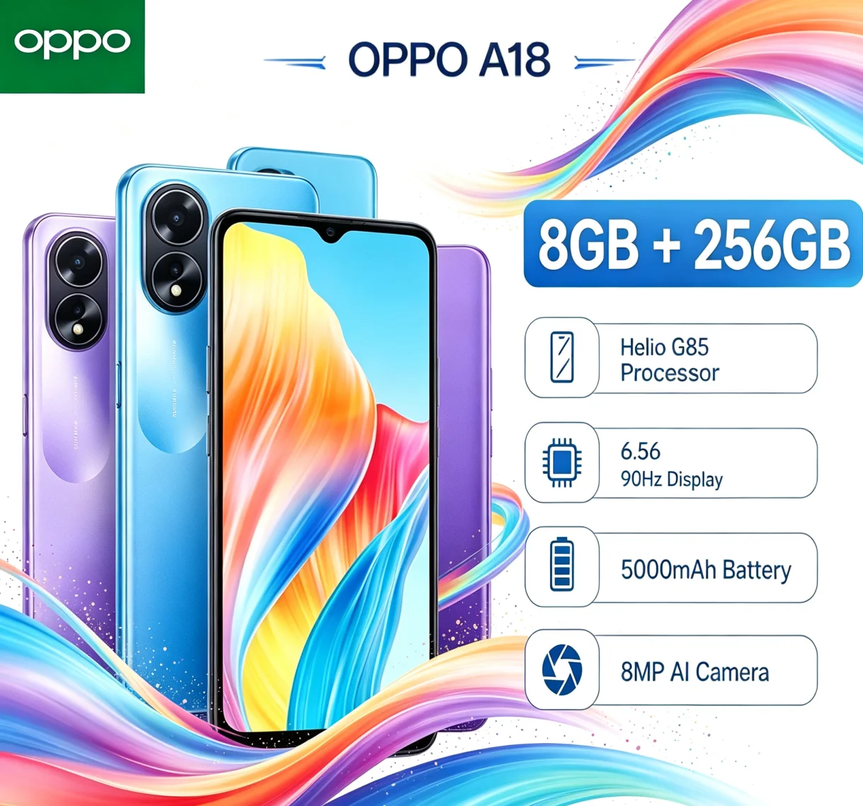 Trending 2026 OPPO A18 Brand New Smartphone 8+256GB Ample Storage Dual‑SIM Card 6.5'' HD+ Display Helio P35 Reliable Daily‑use
