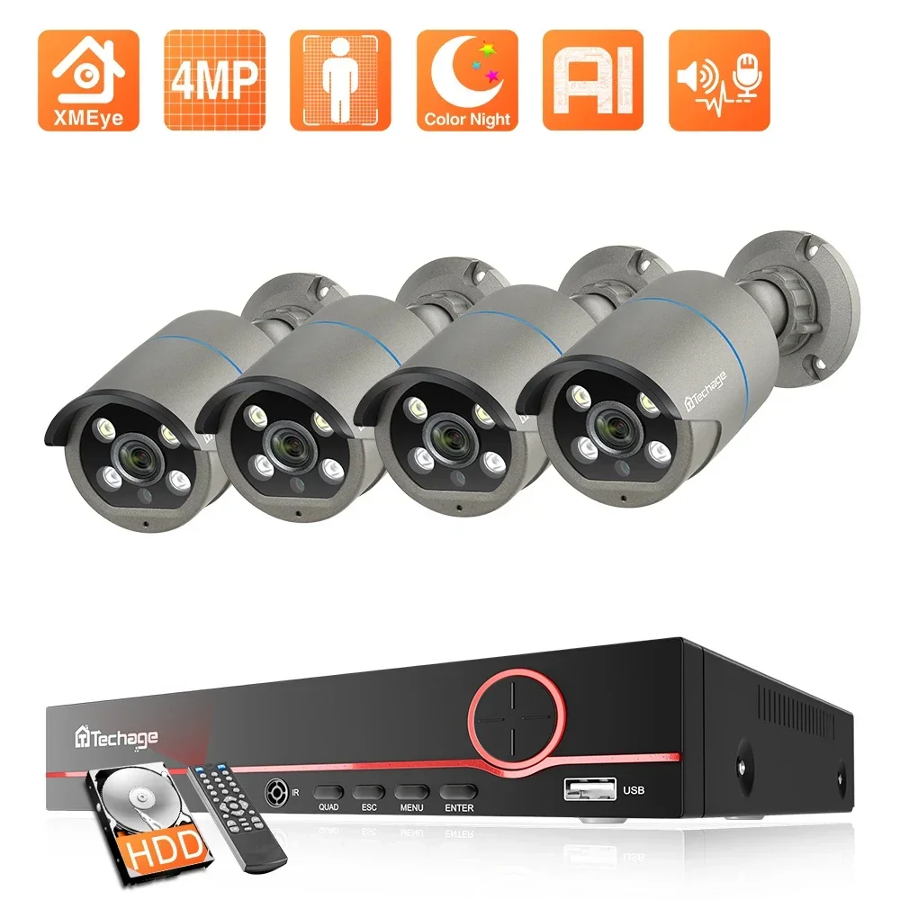 Techage 8CH 4MP POE Security Surveillance Camera System Kit AI Face Detection Audio Record IP Camera H.265 CCTV Video NVR Set